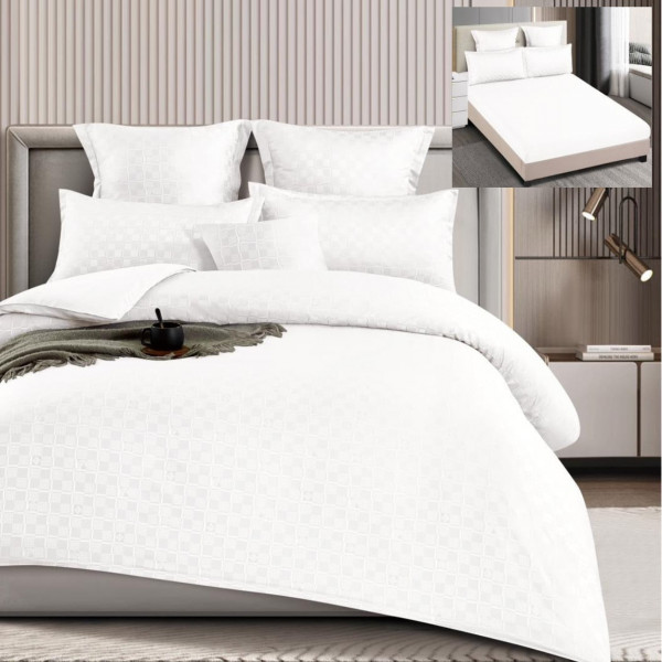 Set lenjerie de pat cu elastic, model embosat, bumbac tip finet, uni, 6 piese, pat 2 persoane, alb, T4-05