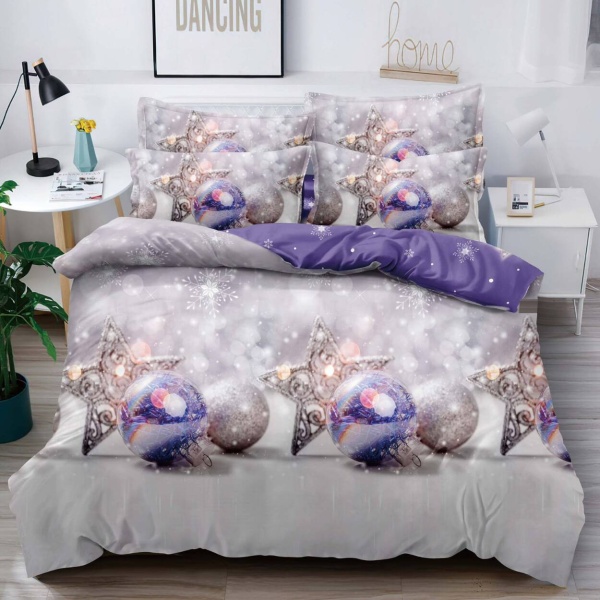 Set lenjerie de pat Mos Craciun, pat 1 persoana, tesatura tip finet, 4 piese, mov / gri, FNJC1-26