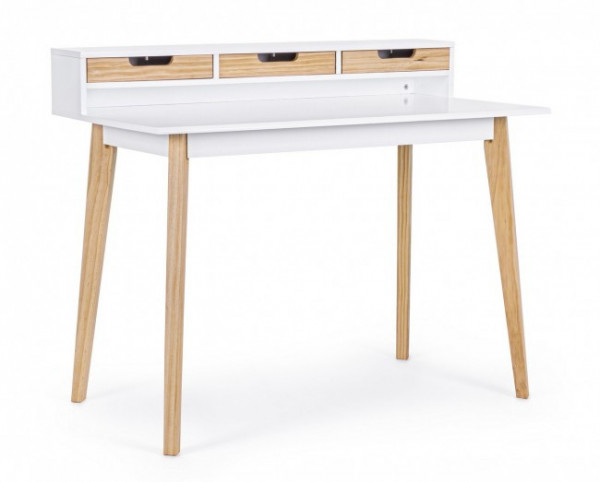 Birou de studiu alb/natural din MDF melaminat si lemn de Pin, 110 cm, Toronto Bizzotto