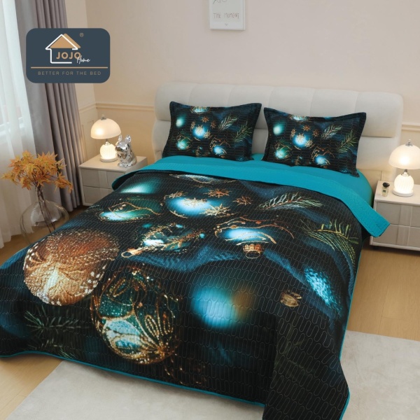 Cuvertură de Pat Matlasată 5D Crăciun Albastru | Globuri Turcoaz | 3 Piese | Finet Catifelat | PatulMeu