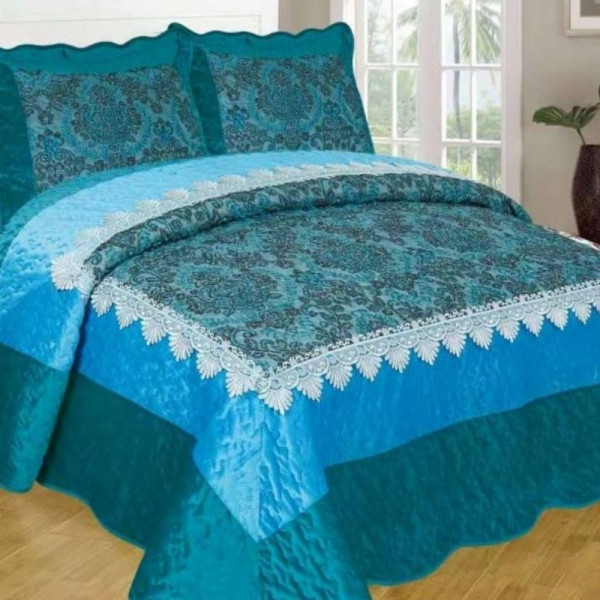 Cuvertura de pat si 2 fete de perna, catifea, pat 2 persoane, albastru, CCC-70