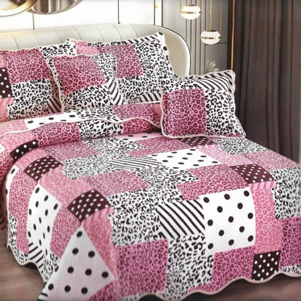 Cuvertura de pat si 4 fete de perne, pat 2 persoane, 100% bumbac, roz / negru, E-S48