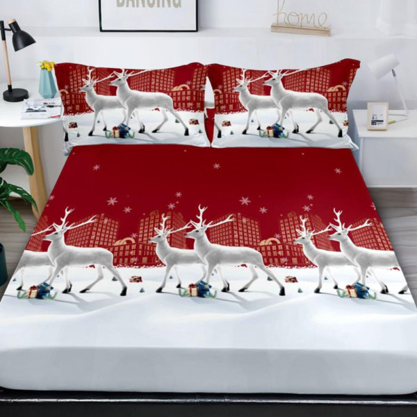 Husa de pat cu elastic si 2 fete de perna, bumbac tip finet, pat 2 persoane, rosu / alb, HBFJC-25