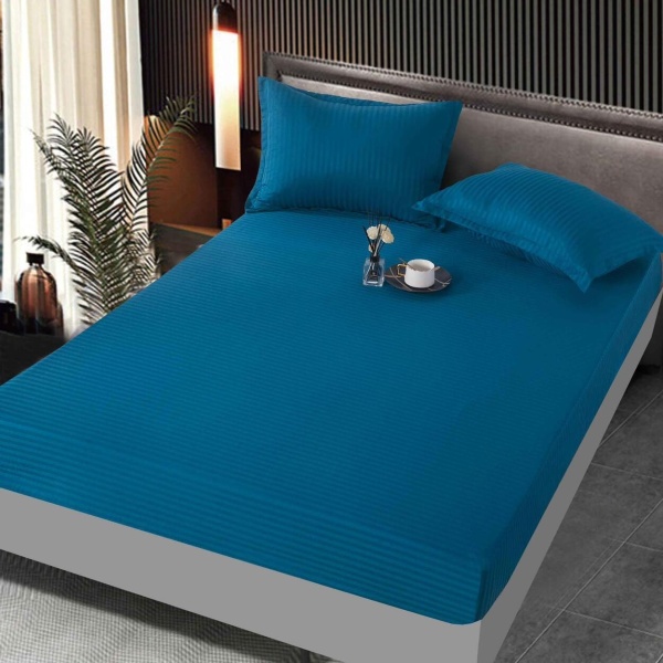 Husa de pat cu elastic si 2 fete de perna, tesatura tip Damasc, pat 2 persoane, albastru, HBD-02 - Img 1