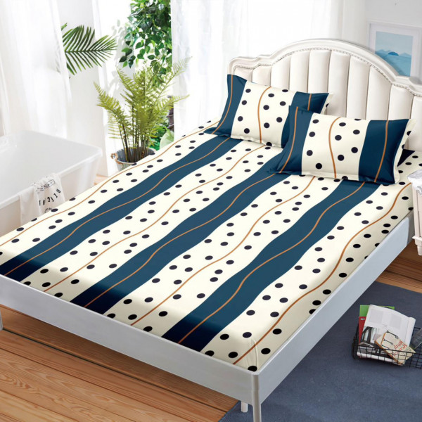 Husa de pat cu elastic si 2 fete de perna, tesatura tip finet, pat 2 persoane, crem / albastru, HBFJ-195 - Img 1