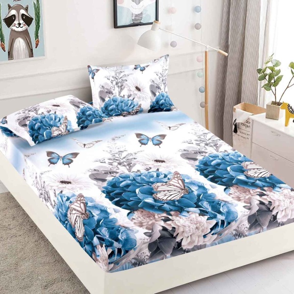 Husa de pat cu elastic si 2 fete de perna, tesatura tip finet, pat 2 persoane, alb / albastru, HBF-278 - Img 1
