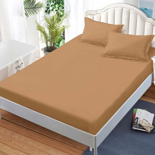 Husa de pat cu elastic si 2 fete de perna, tesatura tip finet, uni, pat 2 persoane, bej, HBFJ-151