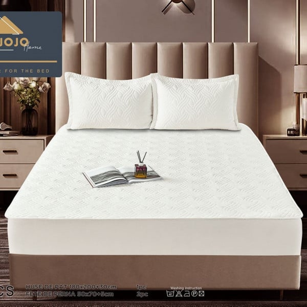 Husa de pat matlasata si 2 fete de perne din catifea, cu elastic, model tip topper, pat 2 persoane, alb, HTC-01