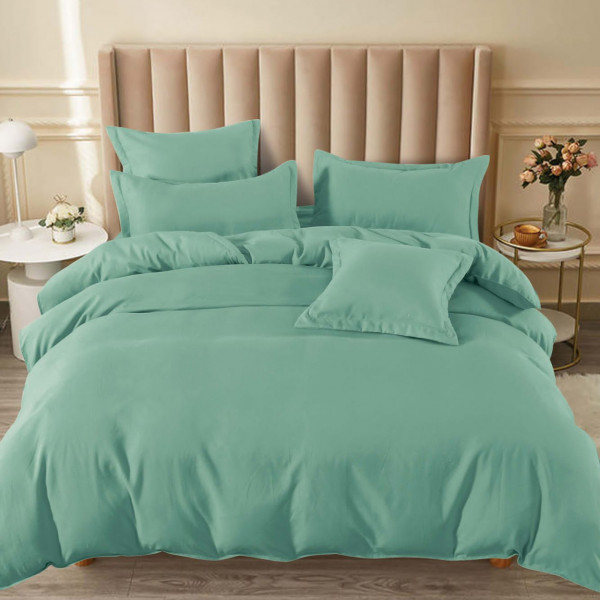 Lenjerie de pat, bumbac finet, cu elastic, uni, pat 2 persoane, verde deschis, 6 piese, FNE-183