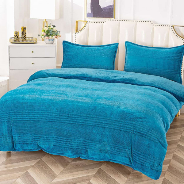 Lenjerie de pat cocolino pufoasa, model zigzag, 4 piese, pat 2 persoane, albastru, LCP-65