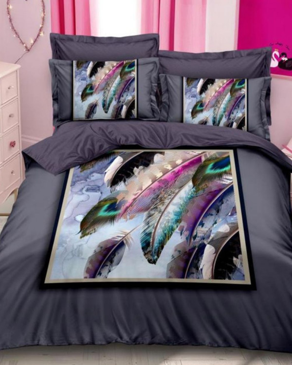 Lenjerie de pat cu 2 fete, imprimeu 3D, tesatura tip finet, pat 2 persoane, gri antracit, 6 piese, A2-21