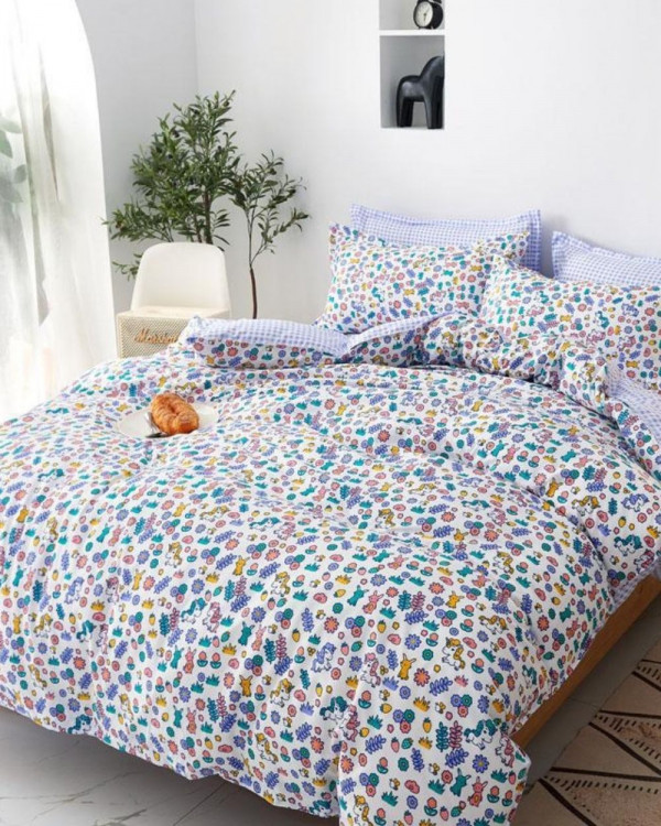 Lenjerie de pat cu 2 fete, policoton, pat 1 persoana, 4 piese, multicolor, J1-118