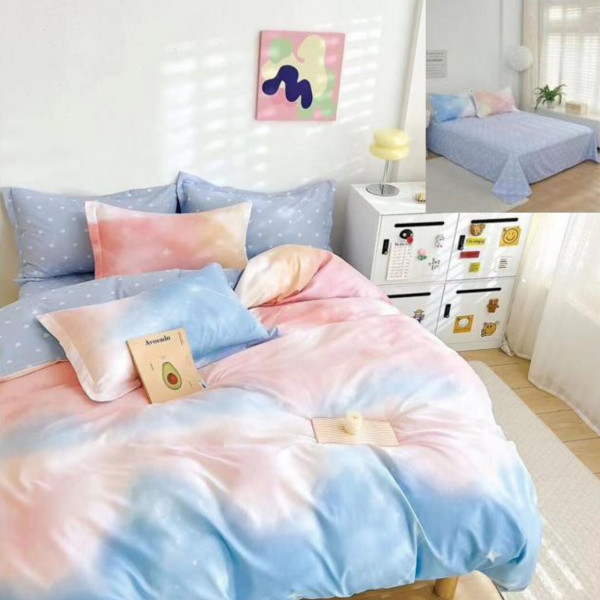 Lenjerie de pat cu 2 fete, tesatura tip finet, pat 2 persoane, 6 piese, roz / albastru, R60-503 - Img 1