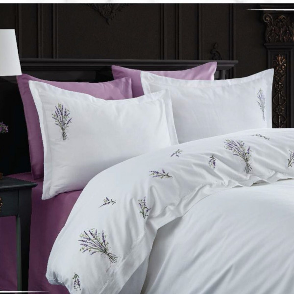 Lenjerie de pat cu broderie, bumbac 100%, pat 2 persoane, 6 piese, alb / mov, Lavender