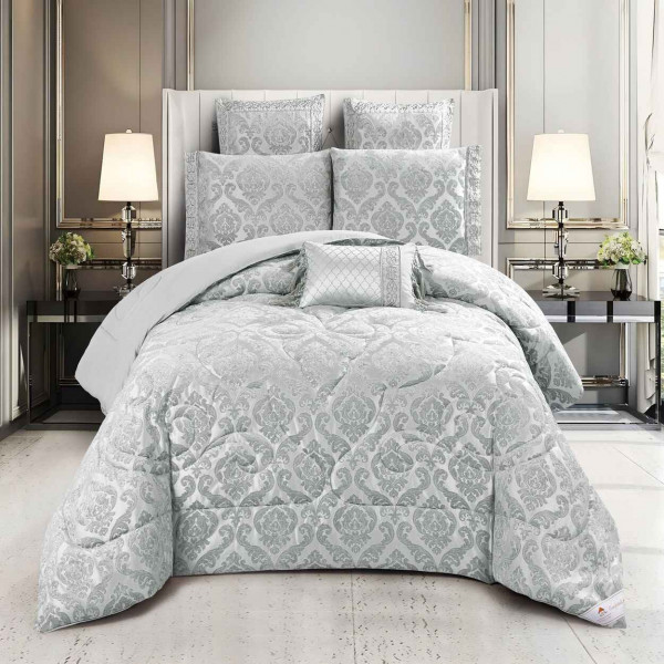 Lenjerie de pat cu elastic si pilota inclusa, bumbac tip jacquard, pat 2 persoane, 7 piese, gri, LPJ-03