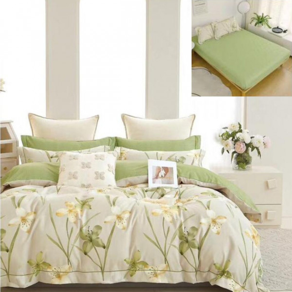 Lenjerie de pat cu elastic, tesatura tip finet, pat 2 persoane, 6 piese, verde, T234