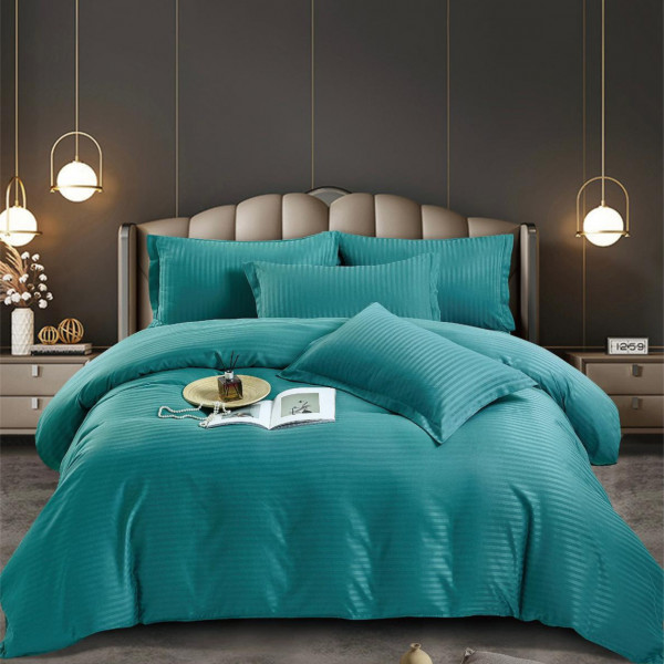 Lenjerie de pat, damasc, Uni, pat 2 persoane, turquoise, 6 piese, Jo-Jo