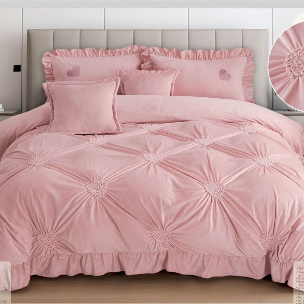 Lenjerie de pat din catifea, cu pliuri, 6 piese, pat 2 persoane, roz, RH-07