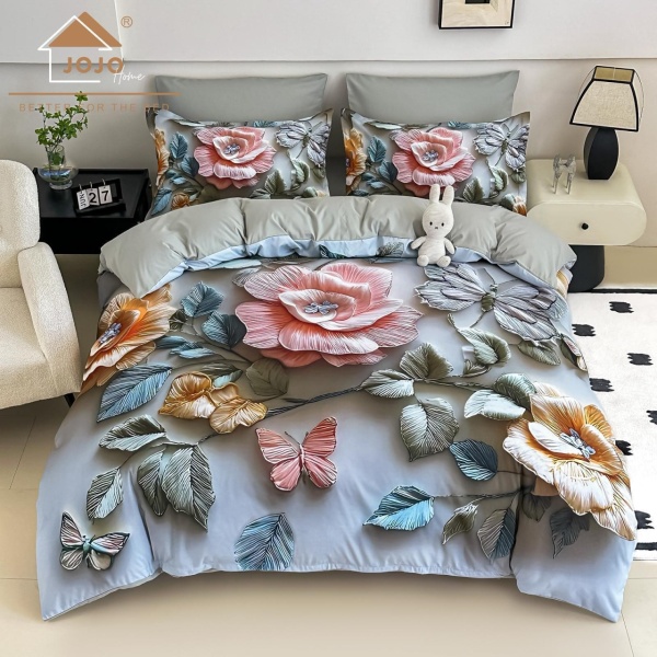 Lenjerie de pat din finet 4 piese 🌸 Gri & Roz | Imprimeu digital 5D Floral cu Fluturi | JOJO HOME | Pat 1 persoană