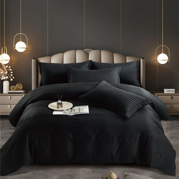 Lenjerie de pat dublu, cu elastic, damasc, negru, 6 piese, DME-02