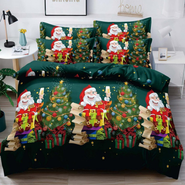 Lenjerie de pat Mos Crăciun cu elastic, bumbac tip finet, 6 piese, pat 2 persoane, verde inchis, FNJEC-27