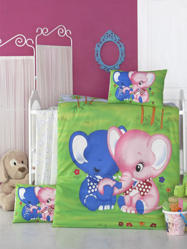 Lenjerie de pat pentru copii, Victoria, Elephant, 4 piese, 100% bumbac ranforce, verde / albastru - Img 1