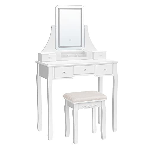 Masa de toaleta cu scaun si oglinda cu iluminare LED, MDF / textil, alb, Songmics