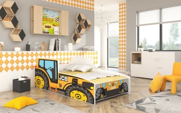 Pat copii cu saltea din spuma si somiera incluse, Tractor Yellow, ADRK Furniture