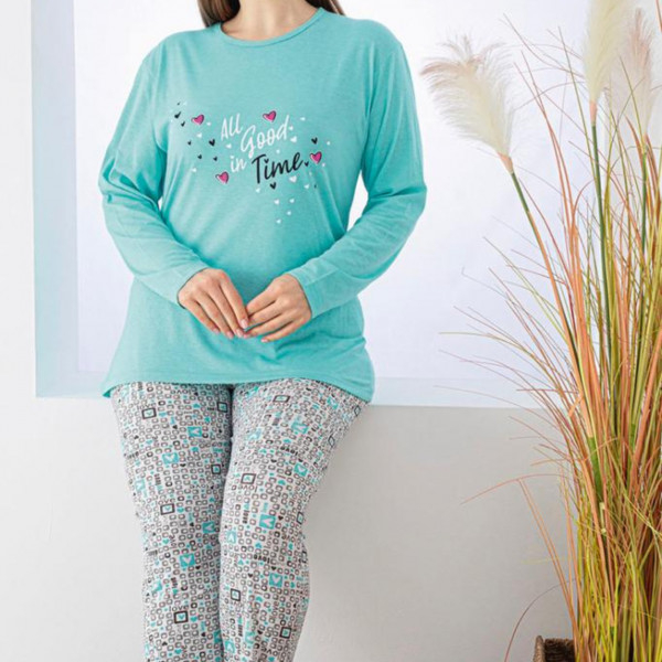 Pijama Dama, Marimi Mari, Bumbac, Turquoise, PF-241