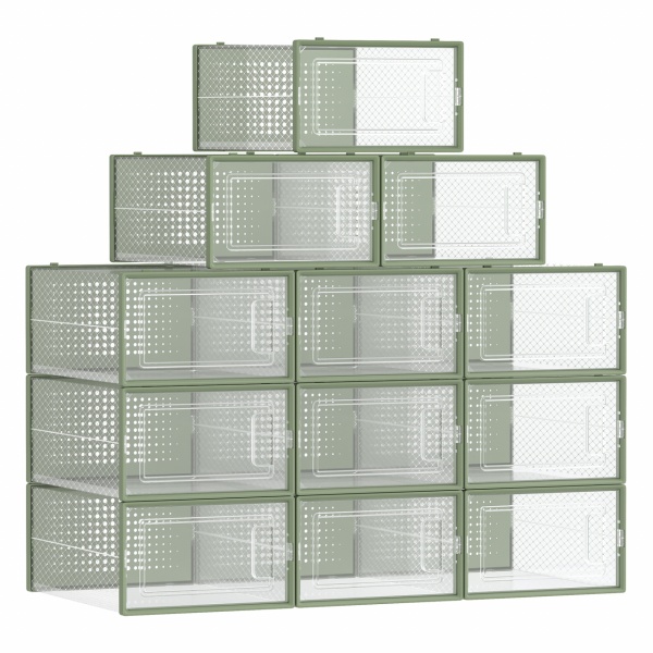 Set 12 cutii depozitare incaltaminte, 33,3 x 23,2 x 14,3 cm, plastic, verde, Songmics - Img 1
