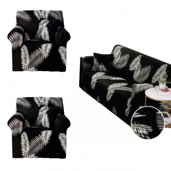 Set Huse Elastice, Canapea 3 locuri + 2 Fotolii, cu Brate, Negru, SHEJ-48