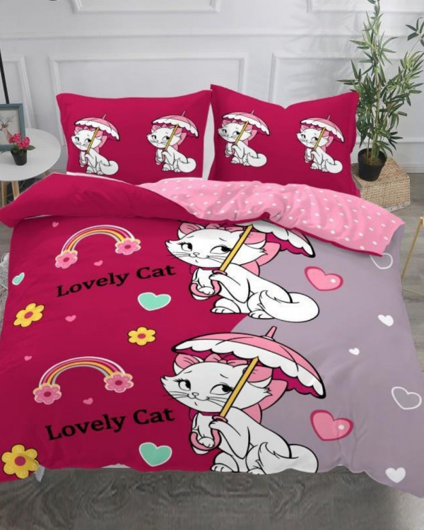 Set Lenjerie Bumbac Satinat Superior, 4 Piese, Pat 2 Persoane, Lovely Cat
