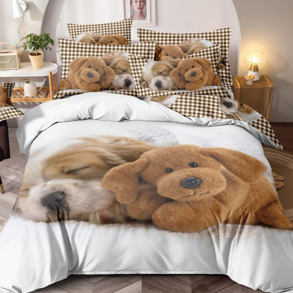 Set Lenjerie de Pat 3D cu Elastic, 4 Piese, Bumbac Tip Finet, Pat 1 Persoana, Alb / Bej, Puppies, FNJ1-142