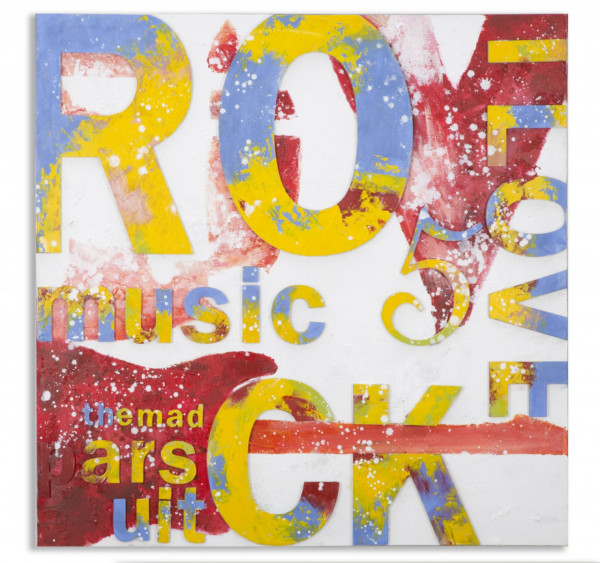 Tablou decorativ multicolor din lemn de pin si panza, 100 x 3,5 x 100 cm, Music 5 Mauro Ferreti - Img 1