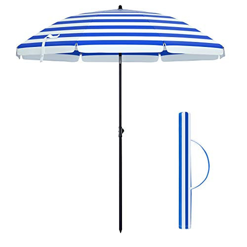 Umbrela de gradina albastra/alba din poliester si metal, ∅ 160 cm, Vasagle