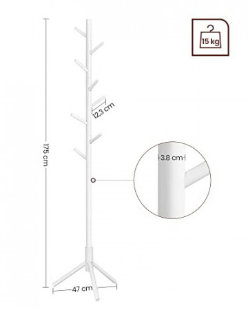 Cuier pom, 47 x 47 x 175 cm, lemn de arbore de cauciuc, alb, Vasagle - Img 5
