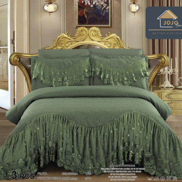 Cuvertura de pat cu volane, tesatura tip finet, pat 2 persoane, 3 piese, olive, CVJ-30