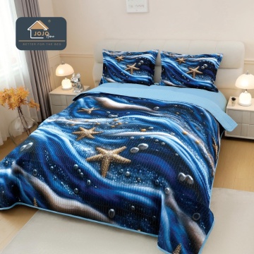 Cuvertură de Pat Matlasată 5D Crăciun Albastru | Stele Aurii | 3 Piese | Finet Catifelat | PatulMeu
