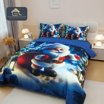 Cuvertură de Pat Matlasată 5D Crăciun Santa Blue | 3 Piese | Finet Catifelat | PatulMeu