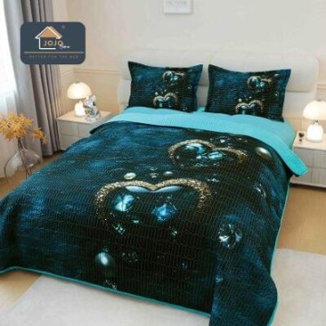 Cuvertură matlasată 5D verde cu inimă decorativă JOJO HOME – 3 piese