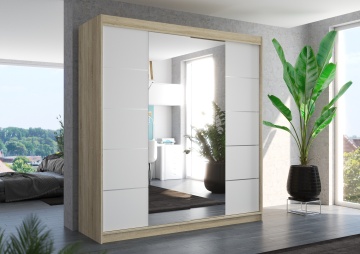 Dulap cu uși glisante DALMATIA – cu oglindă – 200x58x215 cm – Sonoma / Alb - Img 4