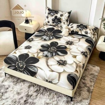 Husă de pat Finet 5D albă cu flori alb-negru + 2 fețe de pernă | JoJo Home