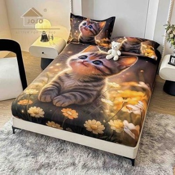 Husă de pat Finet 5D maro cu pisică și flori + 2 fețe de pernă | JoJo Home