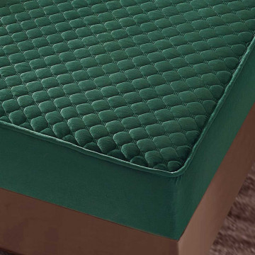 Husa de pat matlasata si 2 fete de perne din catifea, cu elastic, model tip topper, pentru saltea 160x200 cm, verde, HTC-37 - Img 4