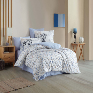 Lenjerie de pat, 100% bumbac, tesatura poplin, pat 2 persoane, alb / albastru, Fiesta