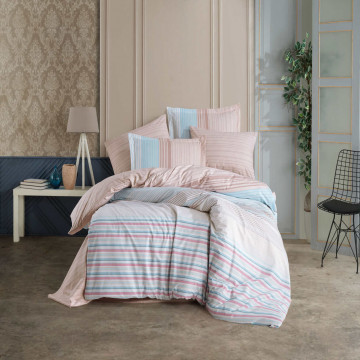 Lenjerie de pat, 100% bumbac, tesatura poplin, pat 2 persoane, bleu / roz, Trella