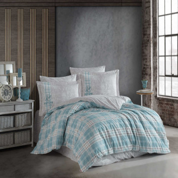 Lenjerie de pat, 100% bumbac, tesatura poplin, pat 2 persoane, turquoise / alb, Denim