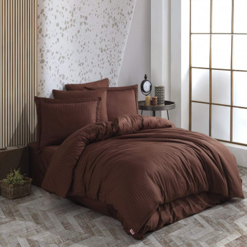 Lenjerie de pat, 100% bumbac, tesatura satin, pat 2 persoane, maro inchis, Diamond Damasc