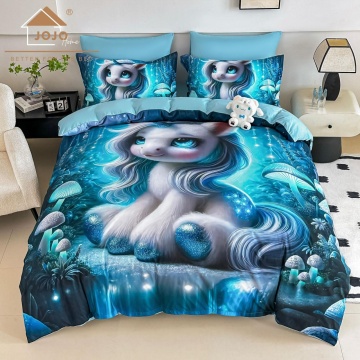 Lenjerie de Pat 5D Finet Albastru „Unicorn Magic” | 6 Piese | Imprimeu Digital | Pat 2 Persoane | JOJO HOME