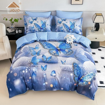 Lenjerie de Pat 5D Finet Bleu „Fluturi Albastri 3D” | 6 Piese | Imprimeu Digital | Pat 2 Persoane | JOJO HOME